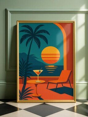 Sunset Lounge Fine Art Poster – Retro Mid-Century Tropical Wall Art